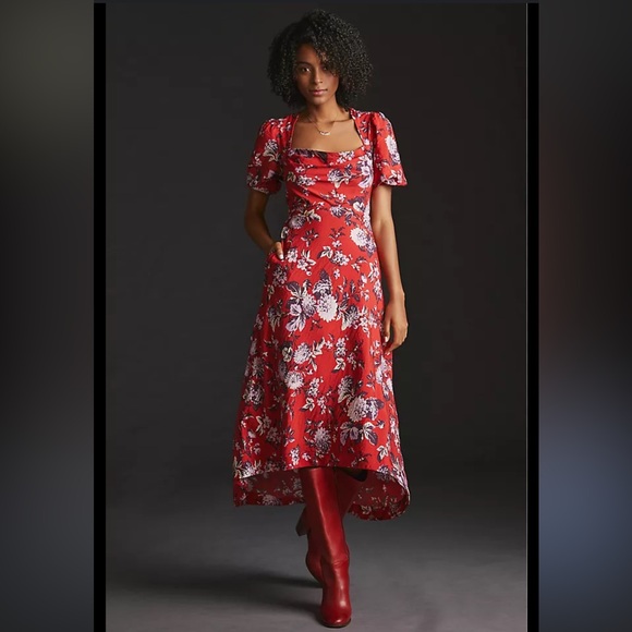 NWT Anthropologie Red Floral Asymmetrical Dress - Picture 1 of 5